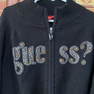 Girls GUESS black‎ bling sparkle zip up logo sweater Wide Ribbed bottom …